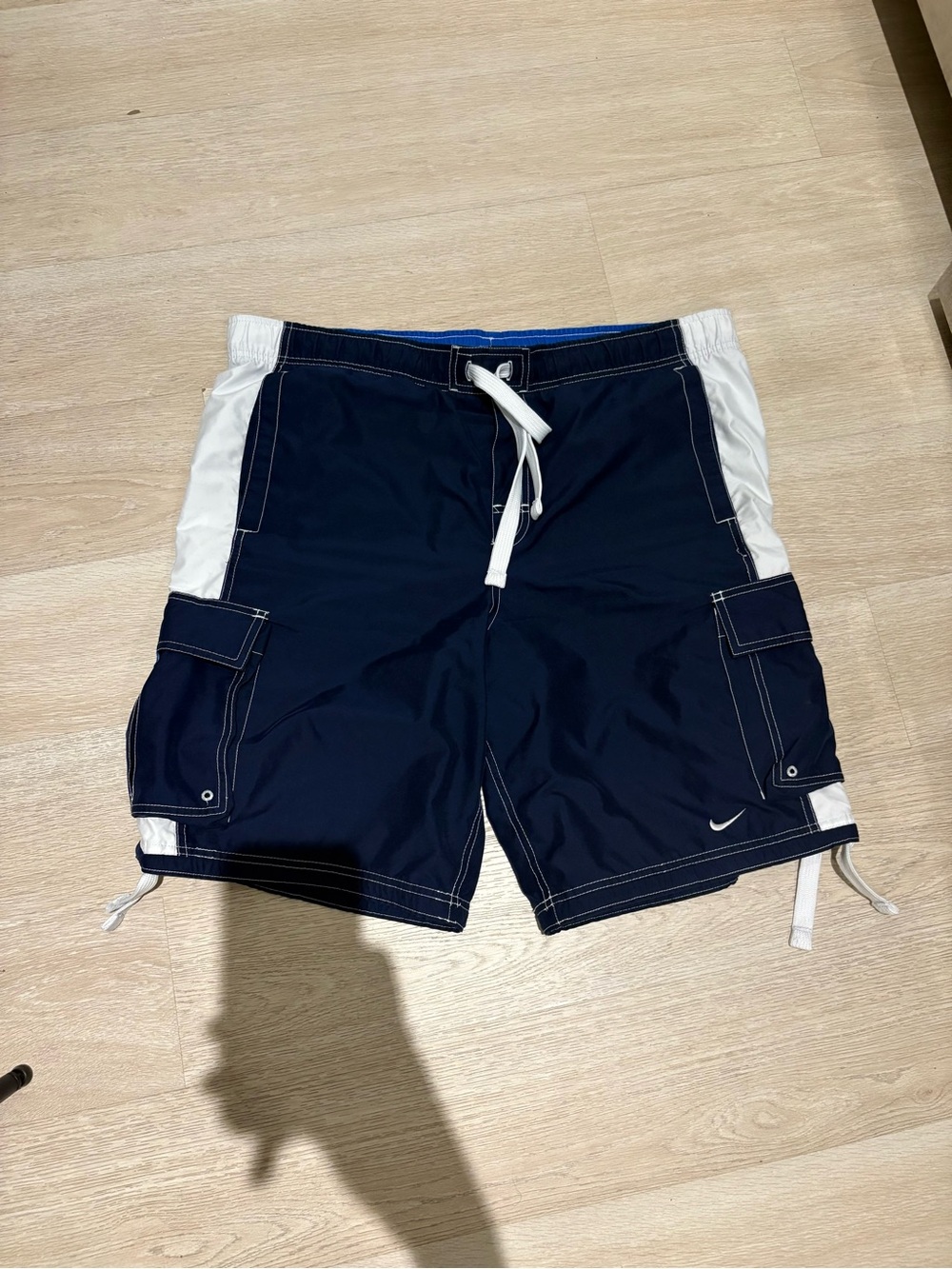 Nike Men’s Navy and White Cargo Swim Shorts with Drawstring Waist